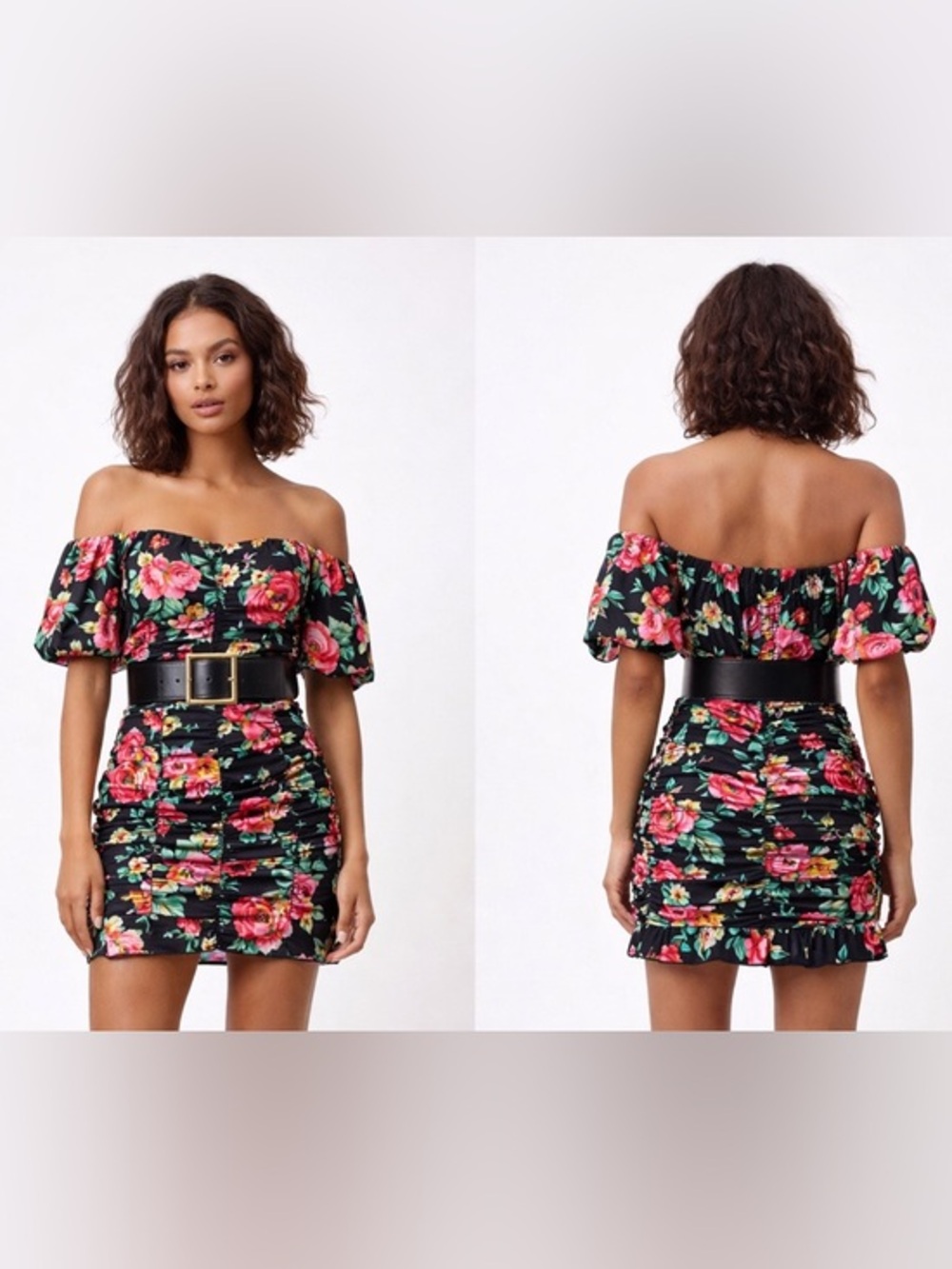 NWT For Love & Lemons Floral Ruched Mini Dress XS Puff Sleeve Party Date Night